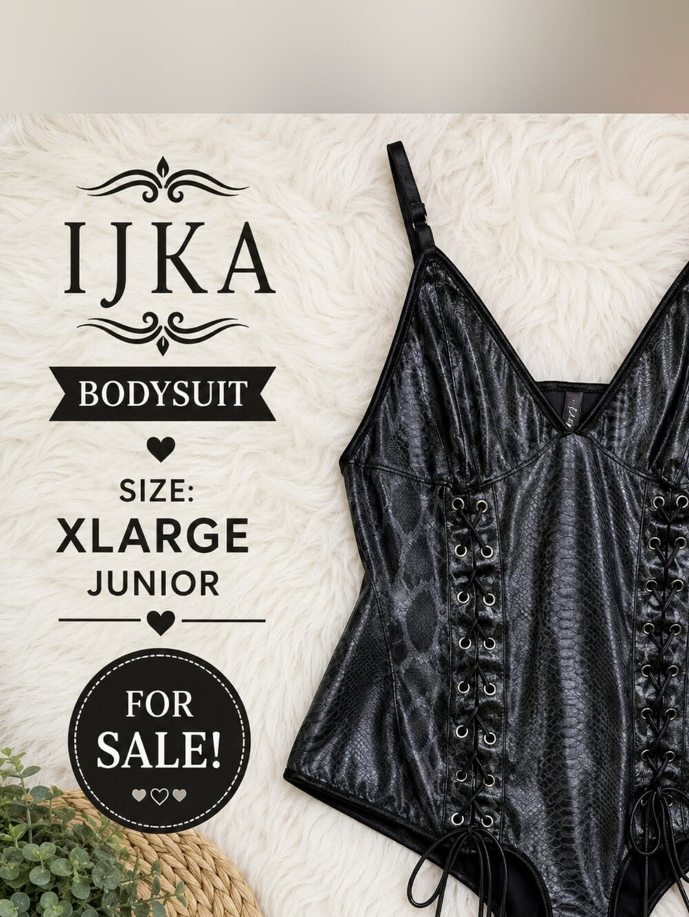 Black Faux-Snakeskin Lace-Up Bodysuit